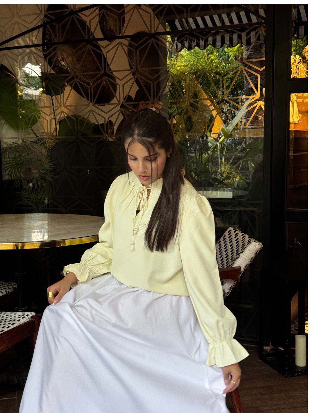 'Butter Bloom Top' ( Georgette Tie-Neck Top with Ruffle Cuffs )