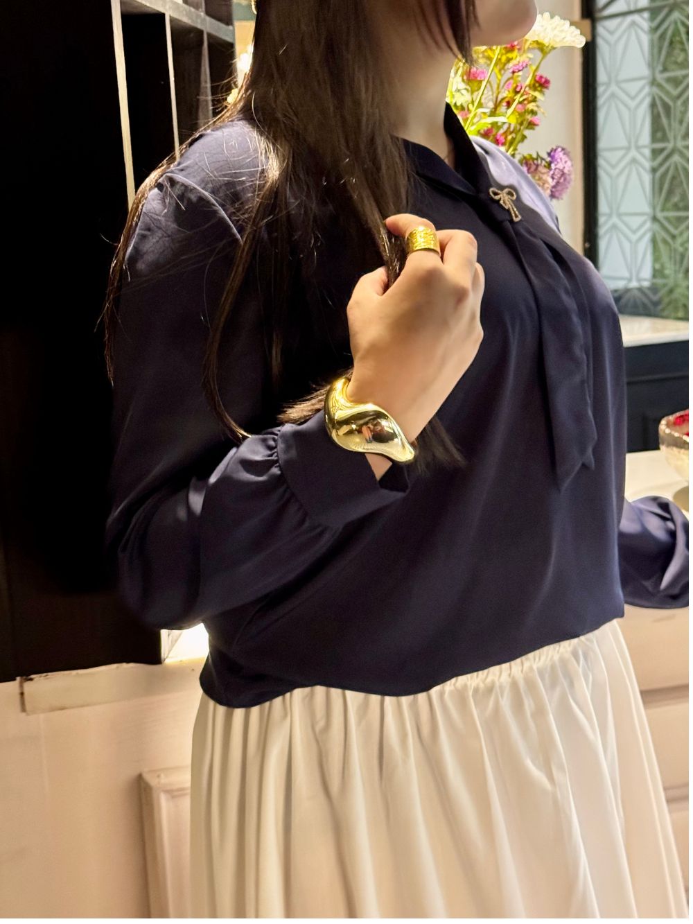 Oxford Blue Bow-Neck Georgette Top 